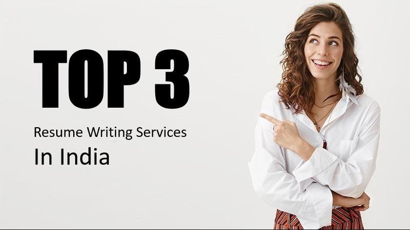Woman pointing at text "TOP 3 Resume Writing Services In the United States" on a white background.